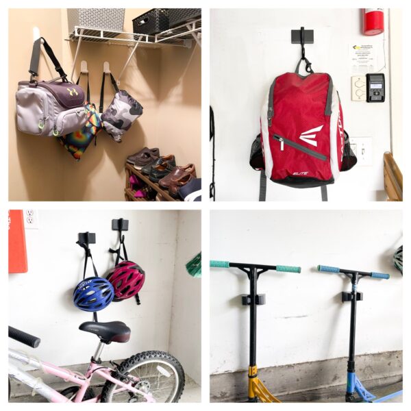 An organized mudroom with backpacks, helmets and bikes.