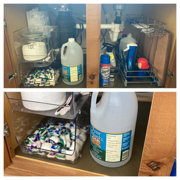 An organized under the sink area.
